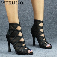 WUXIJIAO Ladies black mesh suede fashion cross strap sexy high heel sandals comfortable latin dance shoes salsa shoes