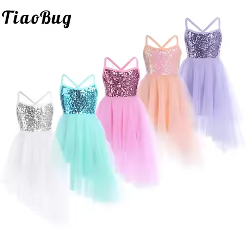 Kids Girls Sequins Ballet Tutu Dress Sleeveless Hi-lo Fairy Tulle Gymnastics Leotard Dress Ballerina