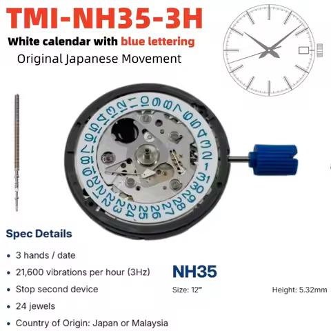 Japan Genuine NH35 NH35A Mechanical Movement White-blue Date Wheel 3.0/.8 Crown Version 24 Jewels Hi