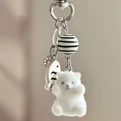 Flocking Cartoon Keychain Cute Seal Penguin Polar Bear Pendant Bag Decoration Keyring Car Key Holder