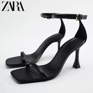 Zara ฤดูร้อนใหม่ รองเท้าผู้หญิง สีดํา เส้นเดียว หนังแกะ รองเท้าแตะส้นสูง สไตล์ฝรั่งเศส 2303910040