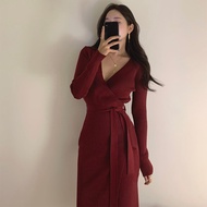 Croysier Winter Dresses For Women  Elegant Belted Midi Sweater Dress V Neck Long Sleeve Ribbed Knitted Sexy Bodycon Dress