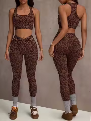 Women's Leopard Print High Waist Criss-Cross Leggings & Sports Bra Set for Yoga Fitness Running