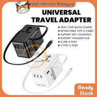 Universal Travel Adapter Pengecas Antarabangsa Power 35W 70W Kabel Boleh Tarik 70cm Fast Charger QC 