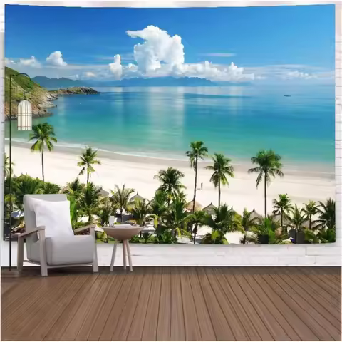 VIKAMA Tropical Beach Landscape Tapestry Coconut Grove Island Resort Fresh Healing Series Living Roo