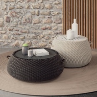 Outdoor rattan tea table, round movable teak slate side table, weaving round table for homestay balc