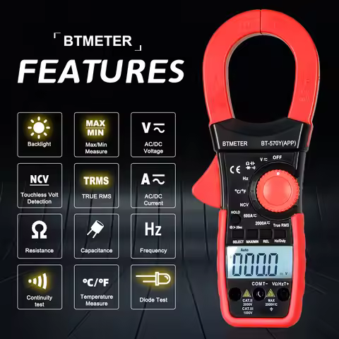 BTMETER BT-570Y-APP Digital Clamp Multimeter, 2000A / 2000V ,True RMS Meter, with Bluetooth ,APP, AC