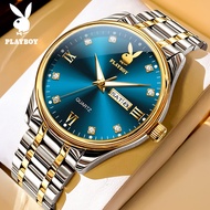 Playboy นาฬิกาลำลองผู้ชาย นาฬิกาทางการ กัน น้ำ หน้าปัดเพชร เรืองแสง ปฏิทินคู่ สายสแตนเลส นาฬิกาข้อมื