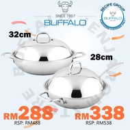 BUFFALO 28cm/32cm 3-ply SUS304 Honeycomb Wok Flat Bottom Wok With Stainless Steel Lid (No Coating) 牛
