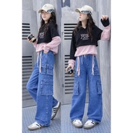 YK-33 Premium Imported 3-in-1 Cargo Jeans Set for Girls Size S-2XL Ages 6-10 Years