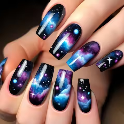 24 Pcs Fake Nails with Glue Long Press on Nails with Charms Colorful Dragon Gradient Nail Tips Cloud