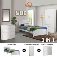 [FREE DELIVERY] SKL Furniture White Single Bedroom Set - Bedframe + Wardrobe + Chest Of Drawer / Almari Baju