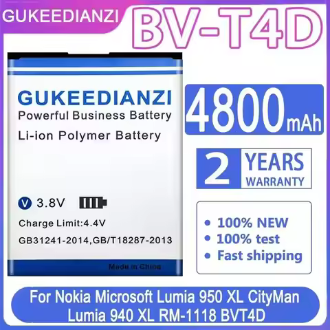 4800mAh Mobile Phone Battery Reliable Replacement BV-T4D For Nokia Lumia 950 XL Cityman 940 XL RM-11