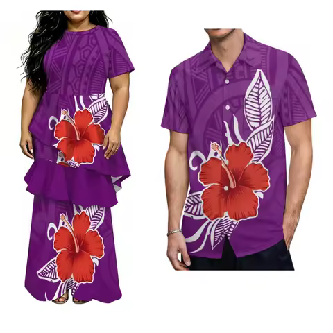Hawaii Floral Print Samoan Polynesian Couple Set - Custom Women'S Round-Neck Fitted Dress And Men'S