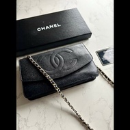 【LA LUNE】中古Chanel黑色魚子醬皮革WOC手袋側斜孭背長夾單肩包