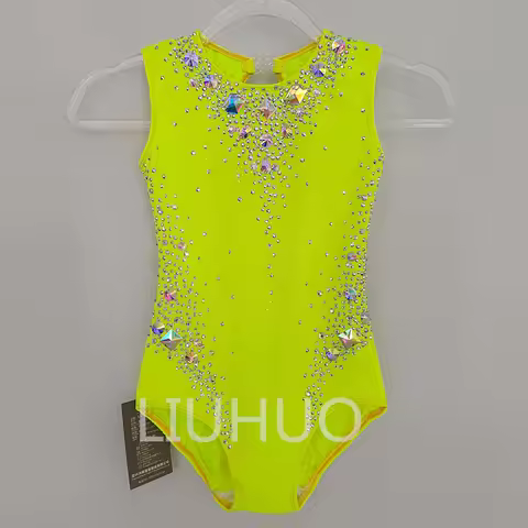Yellow Simulation Flower Rhythmic Gymnastics Leotards Yellow Diamond Girls Competition Performance