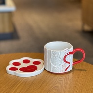 Ins Cup Starbucks 2024 Starbucks Heart Cup Valentine's Day Gift Cute Cat Wool Pattern Ceramic Mug Plate Set