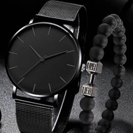 2Pcs/set Men's Fashion Casual Simple Air Mesh With Quartz Watch And Dumbbell Bracelet Set Gift Choice