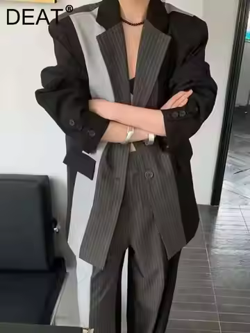DEAT Fashion Women's Stripe Blazer Notched Single Breasted Pockets Contrast Color Cotton Suit Jacket