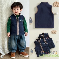HIL-6M-4Y Toddler Baby Boys Autumn Casual Fleece Vest Sleeveless Stand Collar Zip Up Tractor Embroid