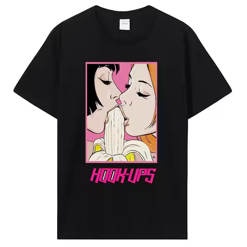 Vintage 90'S Hook Ups Style 2 Girls Eat Banana Anime T Shirt Reprint Usa! Hipster TShirt men o-neck 