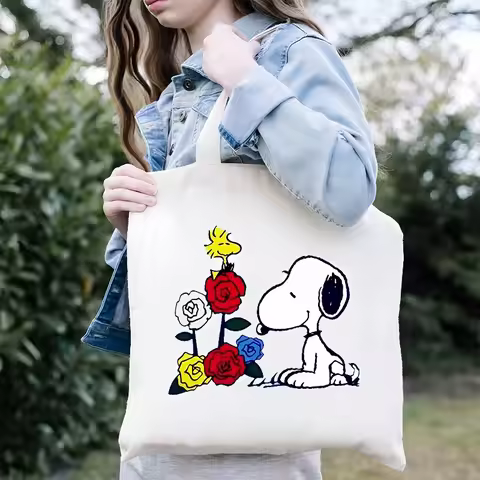 Portable Snoopy Printed Canvas Handbag Kawaii Cartoon Girl Boy Anime Large Capacity Underarm Bag Tot