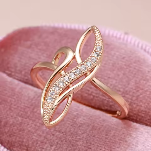 Elegant Geometric Texture Natural White Zircon Rings For Women 585 Gold Wedding Party Personality Ri