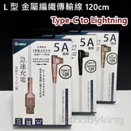 手遊 iPhone Type C to Lightning L型 5A金屬編織傳輸線 120cm 彎頭 傳輸線 充電線