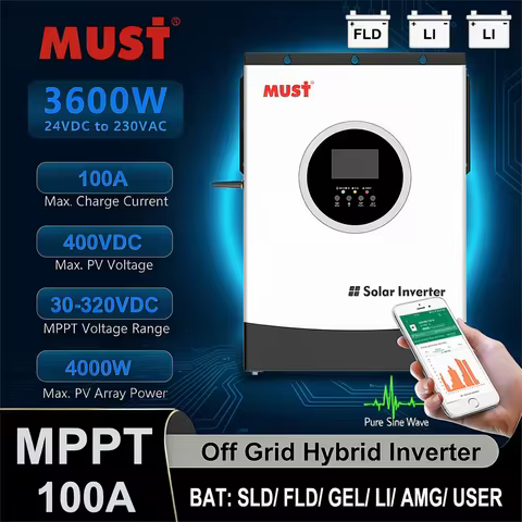 MUST Off Grid Hybrid Solar Inverter Build In WiFi 3.6KW Photovoltaic Inverters 400V PV 100A MPPT 24V