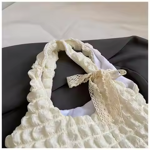 {MX} Cute Soft Polyster Pleated Cloud Bag Large Capacity Shoulder Bag Shopping Handbags Fashion Girl