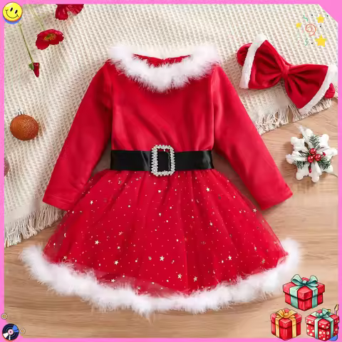 Girls' Christmas Dress, Casual Long Sleeves, Christmas Velvet & Tulle Patchwork, A-Line Skirt, Princ