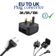 EU to UK Plug Adapter Converter with 3A 5A 13A Fuse | 2-Pin Euro to 3-Pin UK Plug | No Cable Cutting