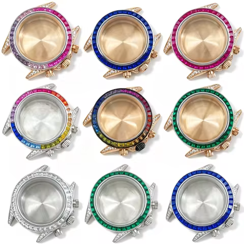39mm Full Diamond Watch Case Rainbow Colored Gem-set Bezel Chronograph No Logo For Seiko VK63 Dayton