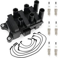 Set of 1 FD498 Ignition Coil w/ 6 Spark Plugs and 6 Wires Compatible With Ford E150 E250 F150 Mustan