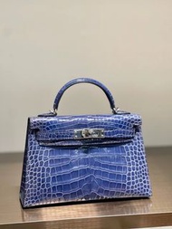 Mini Kelly 2 希臘藍 金扣 亮面鱷魚A stamp