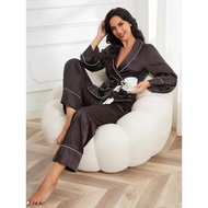 Silk Satin Women Pajama Set Wrap V Neck Waist Belt Top &amp; Wide Leg Pants Sleepwear Long Sleeve 2 Piec