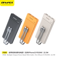 Awei P88K 10000mAh PD 22.5W Power bank fast charging Self-contained 2 lighting/type-c cables power banks powerbank for iPhone Samsung Pixel iPad