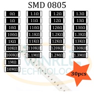 Resistor SMD 0805 0, 1,1.1ohm, 1.2ohm, 1.3ohm, 10ohm, 11ohm, 12ohm, 13ohm, 100ohm,100K, 110K, 120K, 130K 1Mohm 5% 30 pcs