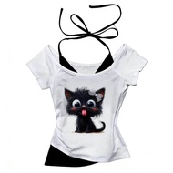 Cat Cartoon Crop Top - Kawaii Gyaru Alternative Tee