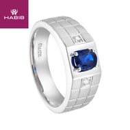 HABIB Oval Cut Blue Sapphire and Diamond Grooved Band Men's Ring in 925 Silver Palladium 11937(PLD)