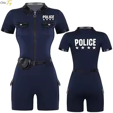 Women Policewoman Costume Police Romper Uniform Zipper Jumpsuit with Belt Purse Sets Halloween Party