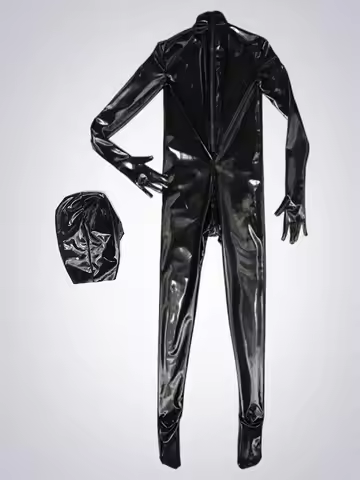 M-4XL Faux PVC Catsuit Shiny PU Leather Bodysuit Separated Fingers Bodystocking Tights Leotard Conjo