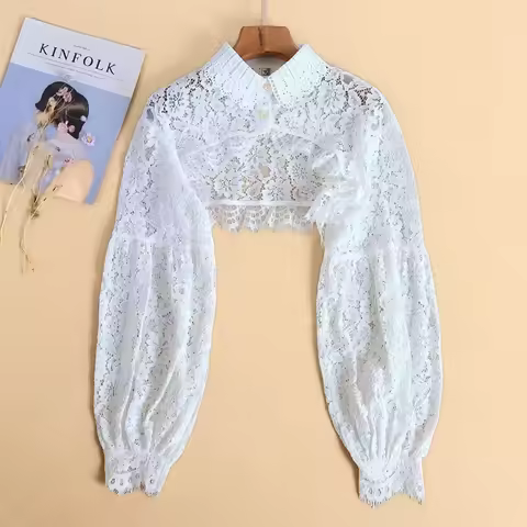 Lace Shrugs Long Sleeves Sweater Bolero Collar Crop Tops Women Button Under Knit Shirt Without Tube 