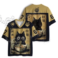 Cat Eating Lamian Noodles Japanese Retro 3d Graphic Printed Jersey V-Neck Fashionable Y2k Streetwear