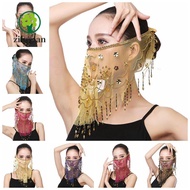 ZILUOLAN Face Veil Lake Blue Color with Beaded Masquerade Party Costumes Mesh Face Veil