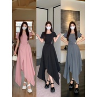 B6011l _ Large Size Gray One-Piece Pleated Slimmer Look Narrow-Waisted Square Neck Twill A-Line Dres