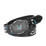 Western Cowboy Cowgirl Belt Women Men, Turquoise Buckles Embossed Leather Belt for Jeans Pants Rodeo