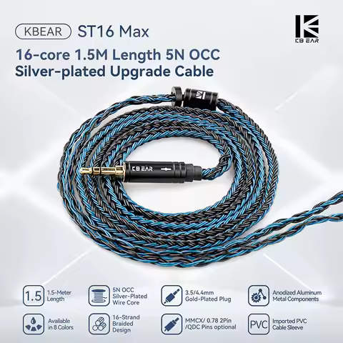 KBEAR ST16 Max 16-Strand 5N OCC Silver-plated Upgrade Cable 3.5/4.4mm Gold-Plated Plug 1.5M Earphone