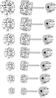7 Pairs 20G Threadless Flat Back Earrings Stud Stainless Steel Round CZ Stud Earrings Set Cartilage 