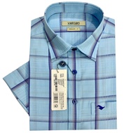 Viettien - Áo sơ mi nam ngắn tay xẻ tà vạt ngang ca rô 6S0308 regular may rộng